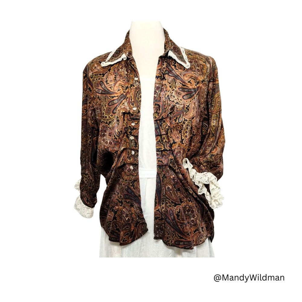 Womens upcycled boyfriend shirt. Brown paisley lace ruffles size L. Unique.